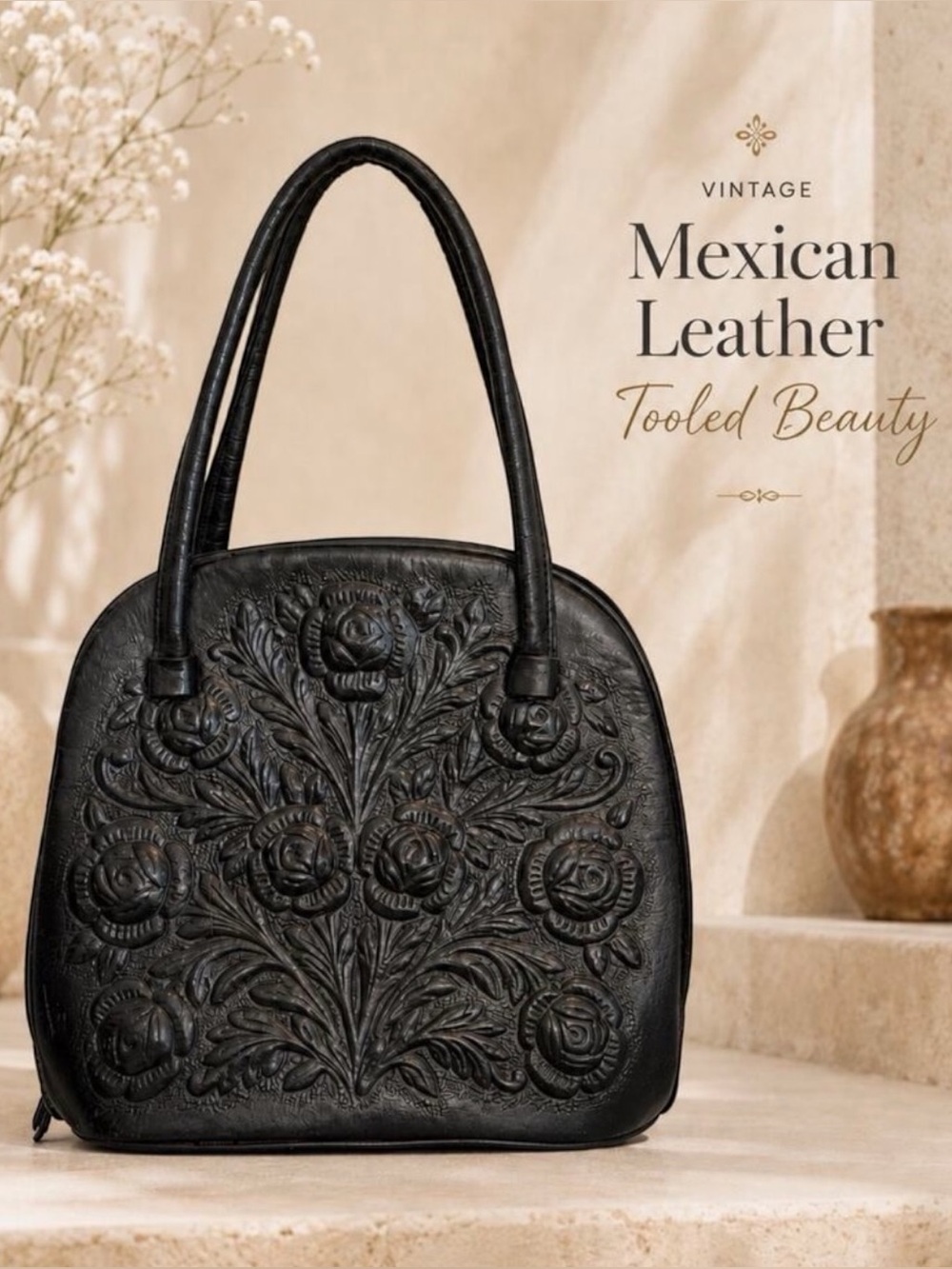 Vintage Mexican Black Tooled Leather Floral Handbag Purse Boho Western